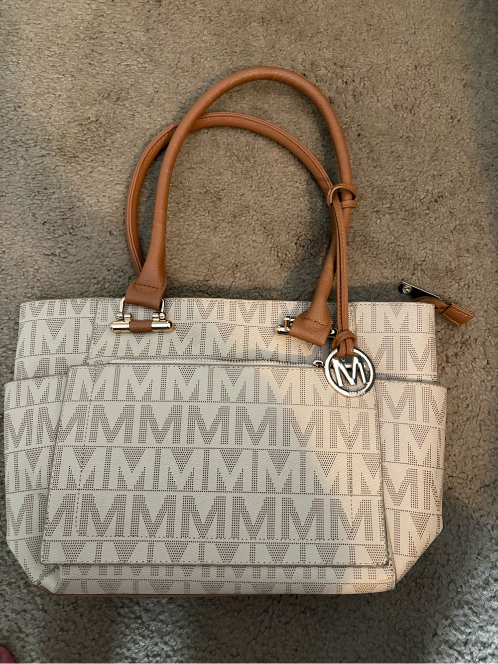 Cream and Tan Monogram Tote with Tan Handles
